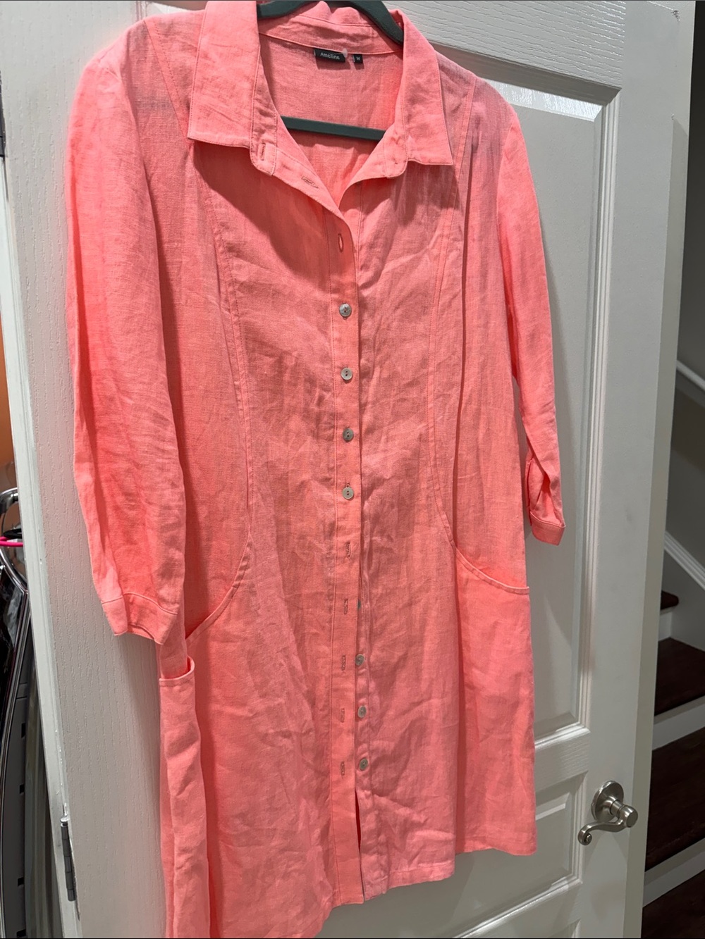 Button-Front Coral Long Sleeve Shirt Dress — Lightweight Casual